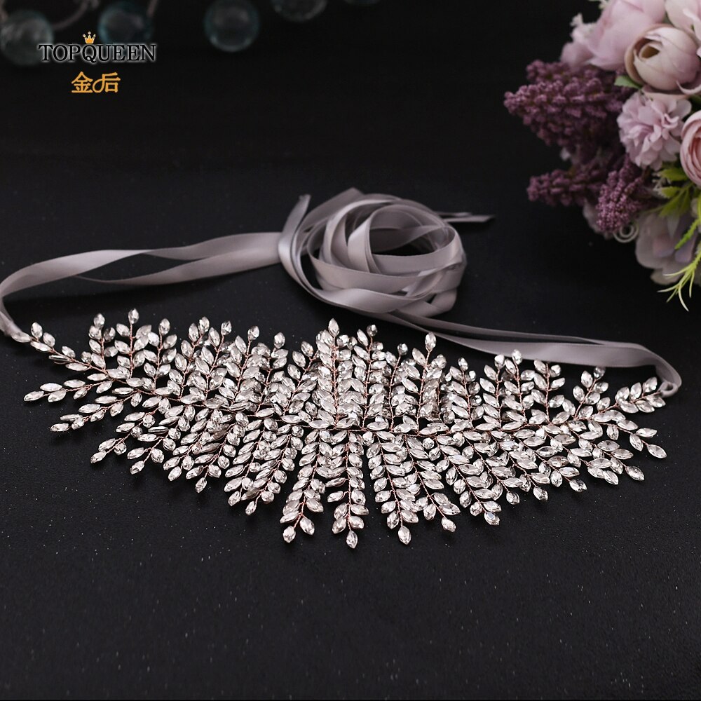 TOPQUEEN Rose Gold Jeweled Belt Wedding Dress Belt Rhinestone Belts for Women Formal Belt for Women Dresses Bridal Sash SH238-RG: Gray ribbon