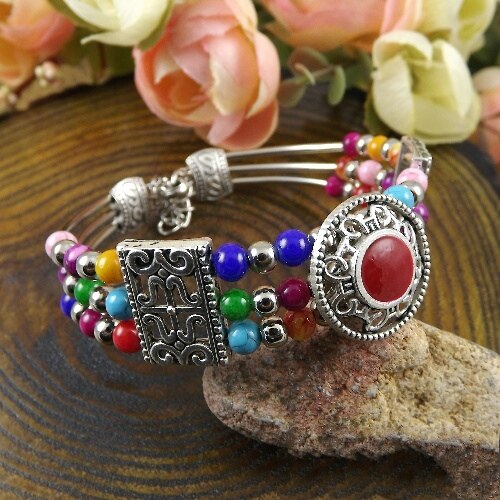 Vintage Bohemia Bracelet Red /Blue/ Black Stone Round Beads Bangle Carving Charm Bracelet A200G: colorful
