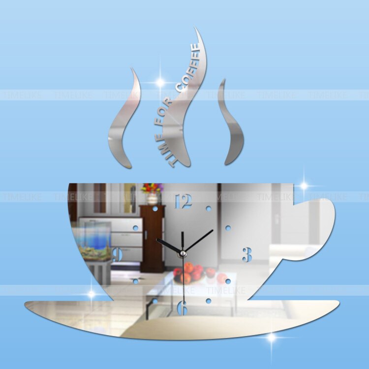 DIY Home Decor Wall Sticker Clock Mirror Effect Coffee Cup Shape Large Decorative Wall Clocks for Living Room