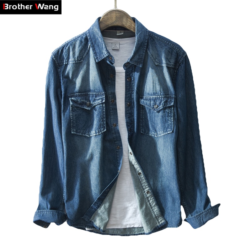Brother wang mærke forår mænds afslappet sort denim skjorte 100 bomuld slanke langærmede skjorter herretøj