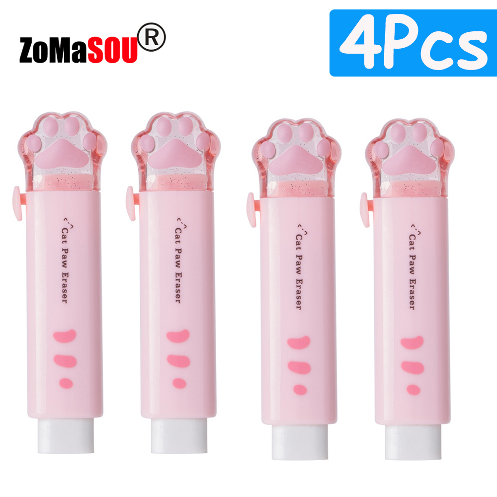 1-8Pcs ! Kawaii Cat Paw Rubber Erasers Retractable Pencil Eraser for Kids Students School Home Office Writing Drawing