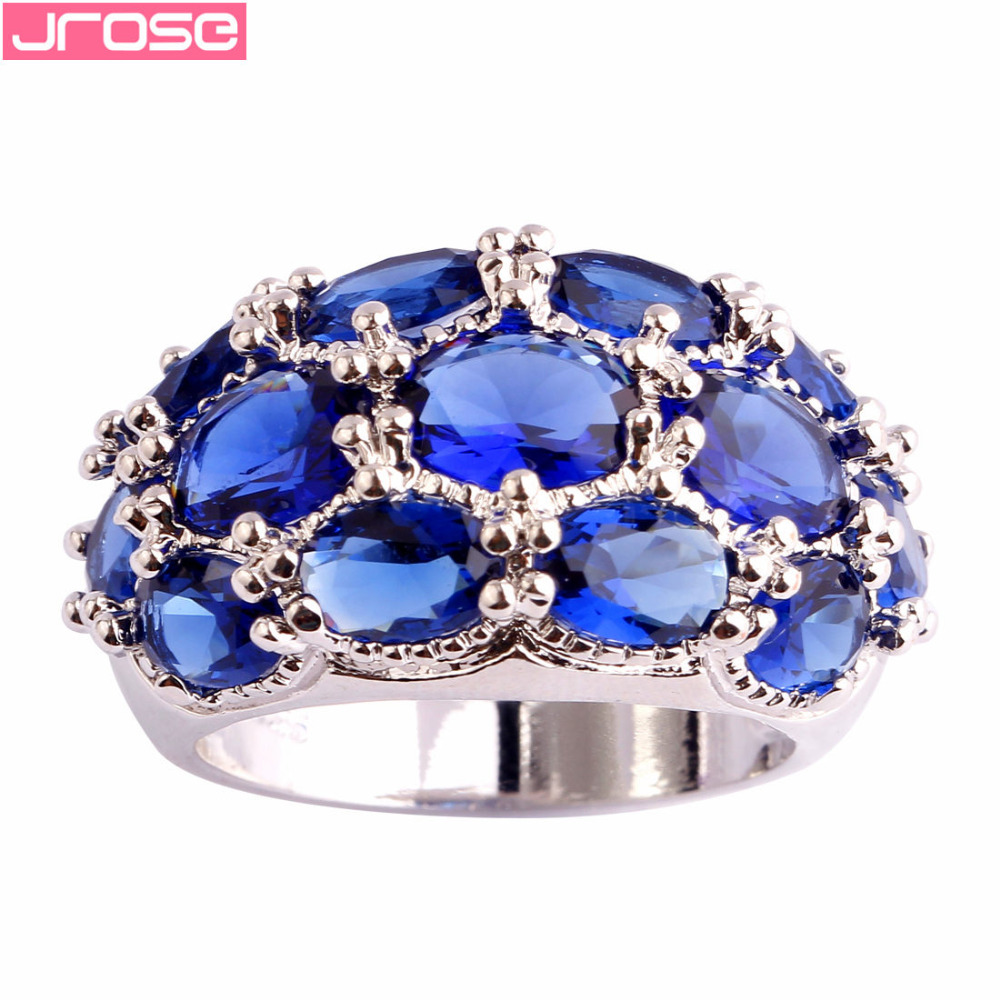 JROSE Wedding Band Denerous Blue & White CZ Silver Color Ring Size 6 7 8 9 10 11 12 13 Gorgeous Jewelry