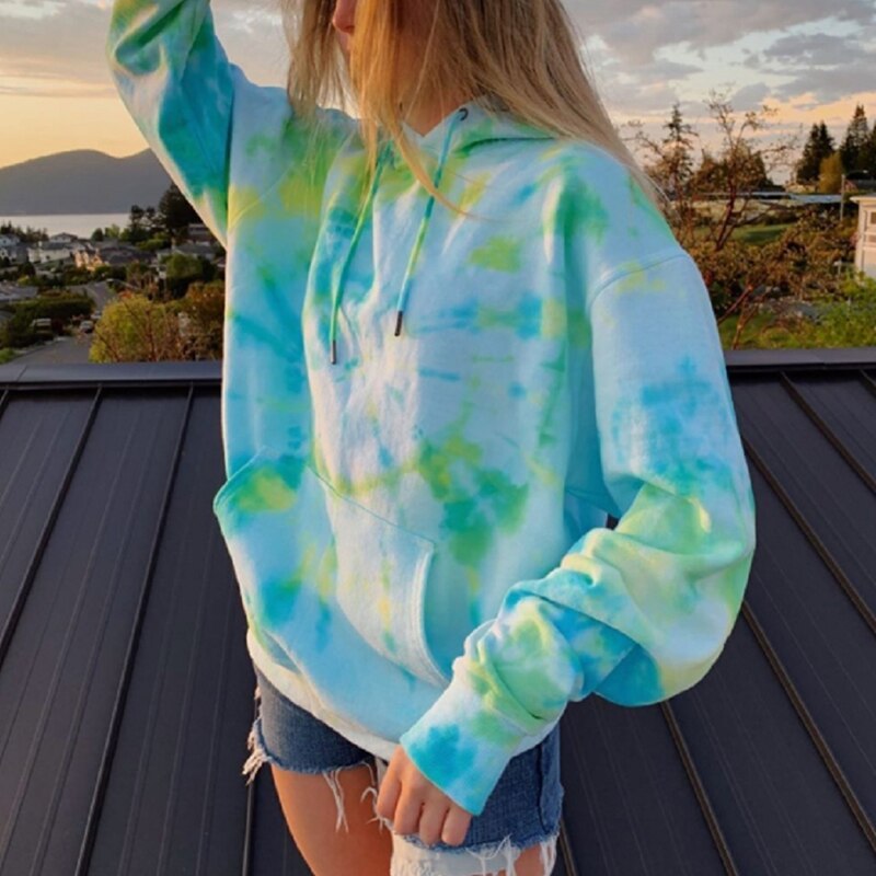 Frauen Tie Dye Print Sport Beiläufige Hoodies Mantel Langarm Pullover Tasche Mit Kapuze Sweatshirts Jacke Oberbekleidung Streetwear