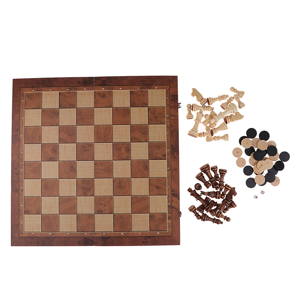 Chess & Checkers & Backgammon 3 in 1 Chess Toy Wooden Chess Tournament Chess Checkers Set 44 x 44cm