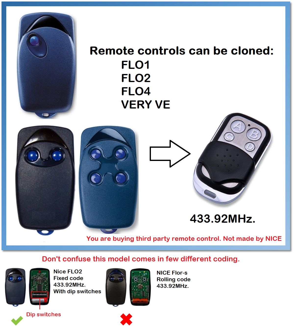 NICE flo1 flo2 flo3 duplicador de Control remoto Universal 4 canales 433,92 código fijo