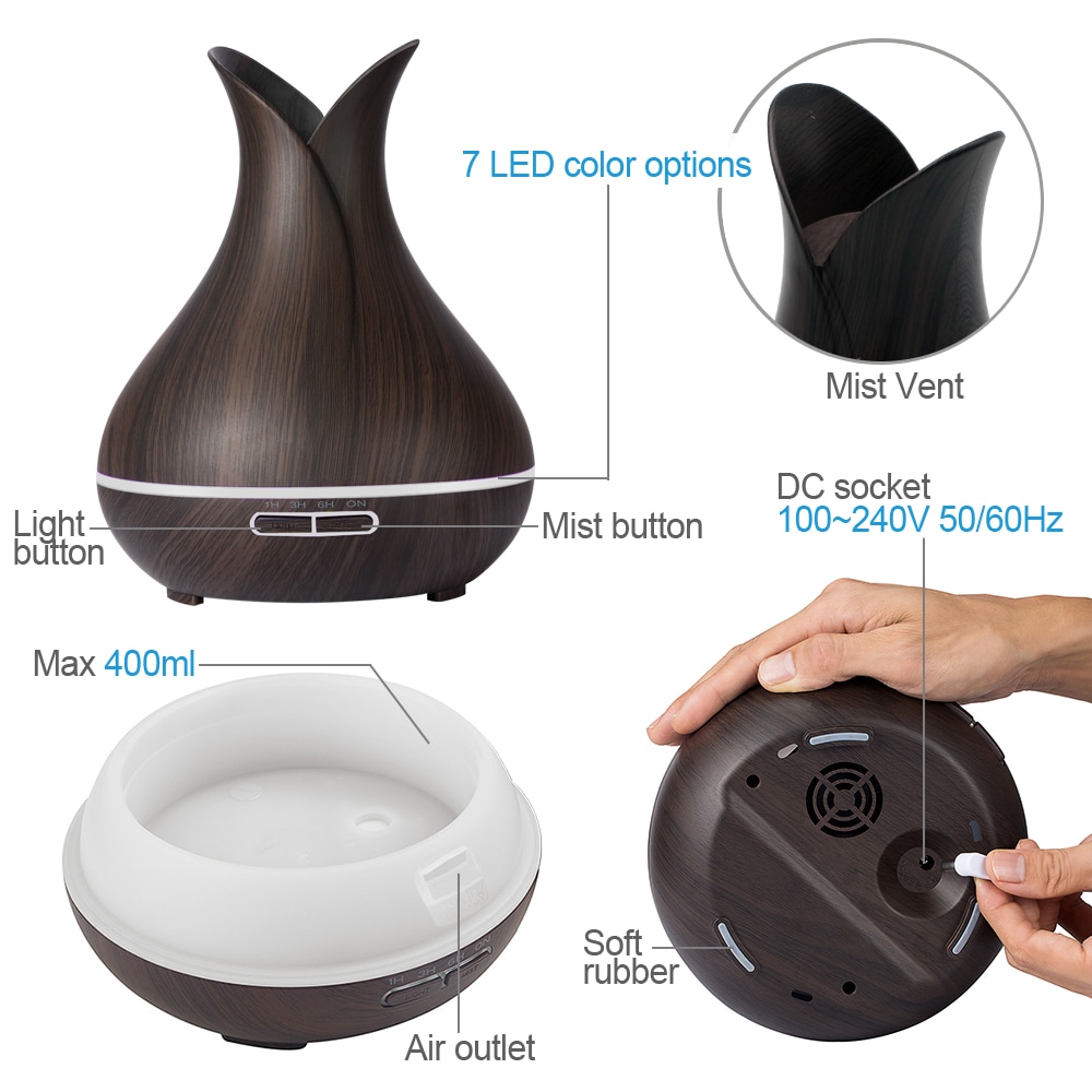 KBAYBO 400ml electric Ultrasonic Aroma Air humidifier Essential Oil Diffuser Wood Grain purifier mist maker LED light for home