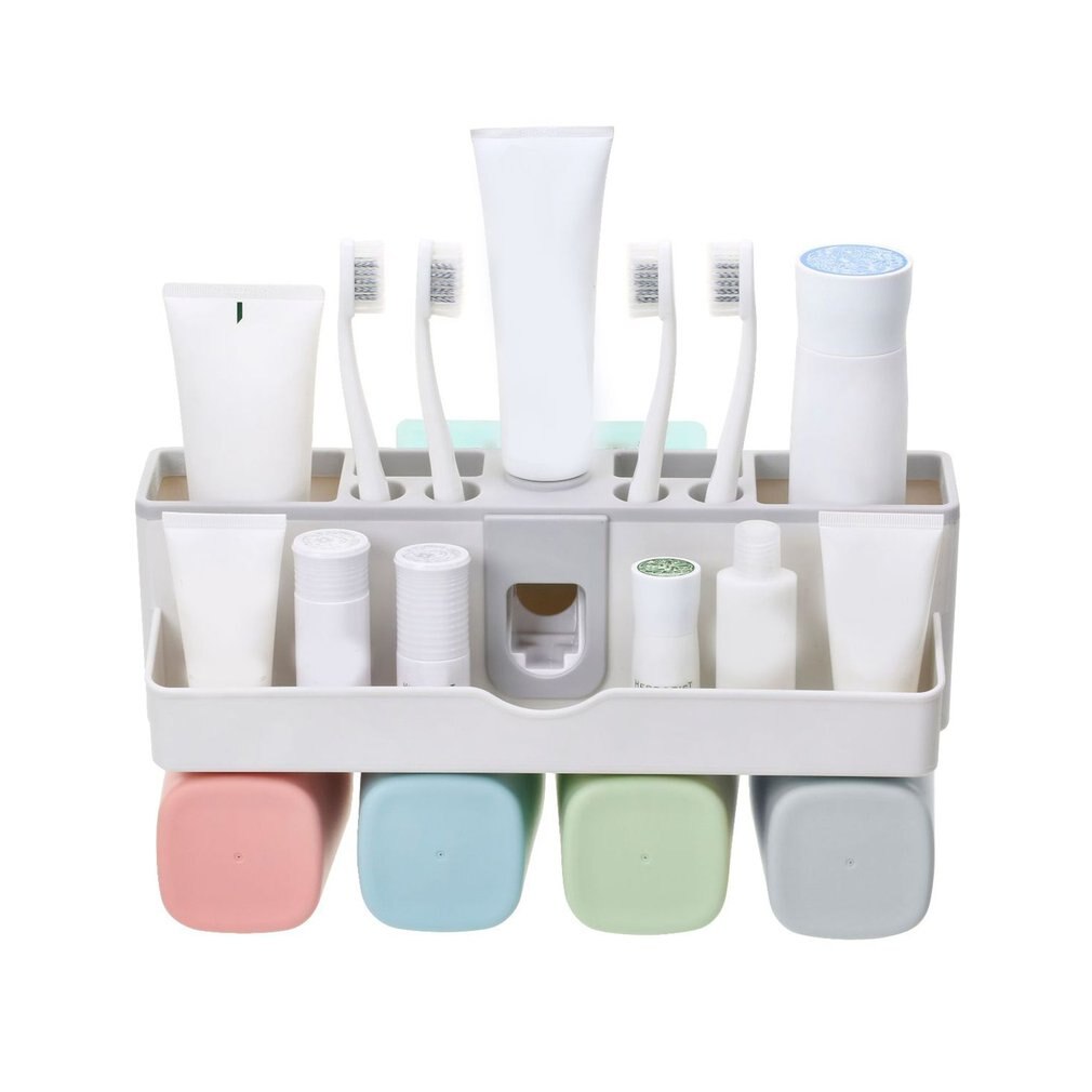 Suction Wall Toothbrush Holder Automatic Squeeze Toothpaste Dispenser Toothbrush Toothpaste Cup Bathroom Tools: as show 3
