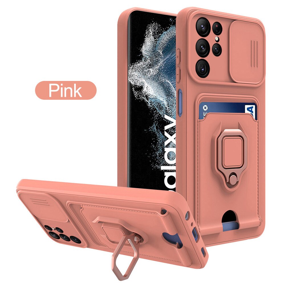 Voor Samsung S22 Ultra Case Push Camera Shockproof Cover Voor SamsungS22 Plus S 22 5G Auto Magnetische Houder Stand card Wallet Fundas: S22 Ultra / Pink 5