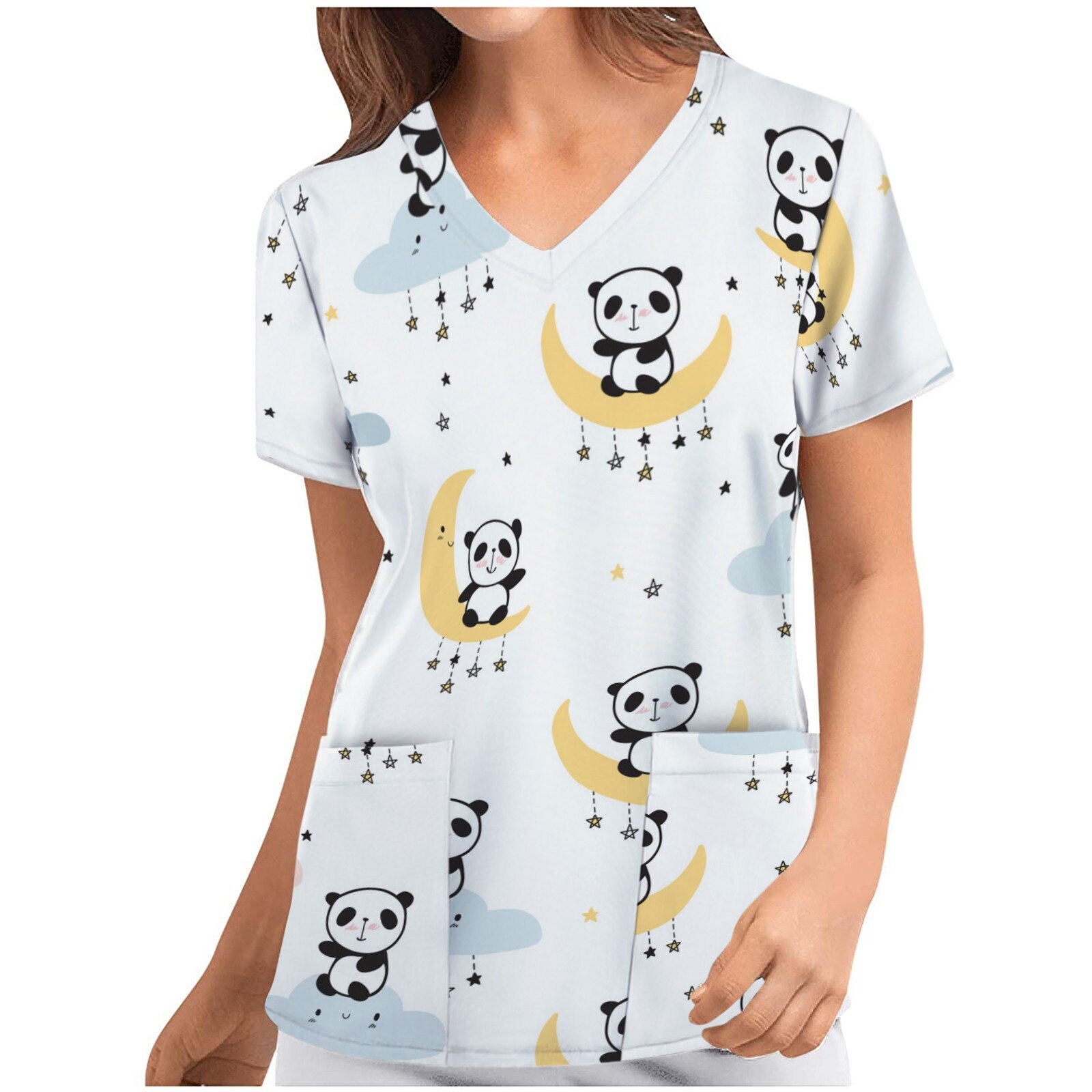 #E05 Female Nurse Uniform Short-sleeved V-neck Tops T Shirt Women Scrubs Uniforms Pocket Nursing Scrubs Tops Медицинская Одежда: White / L