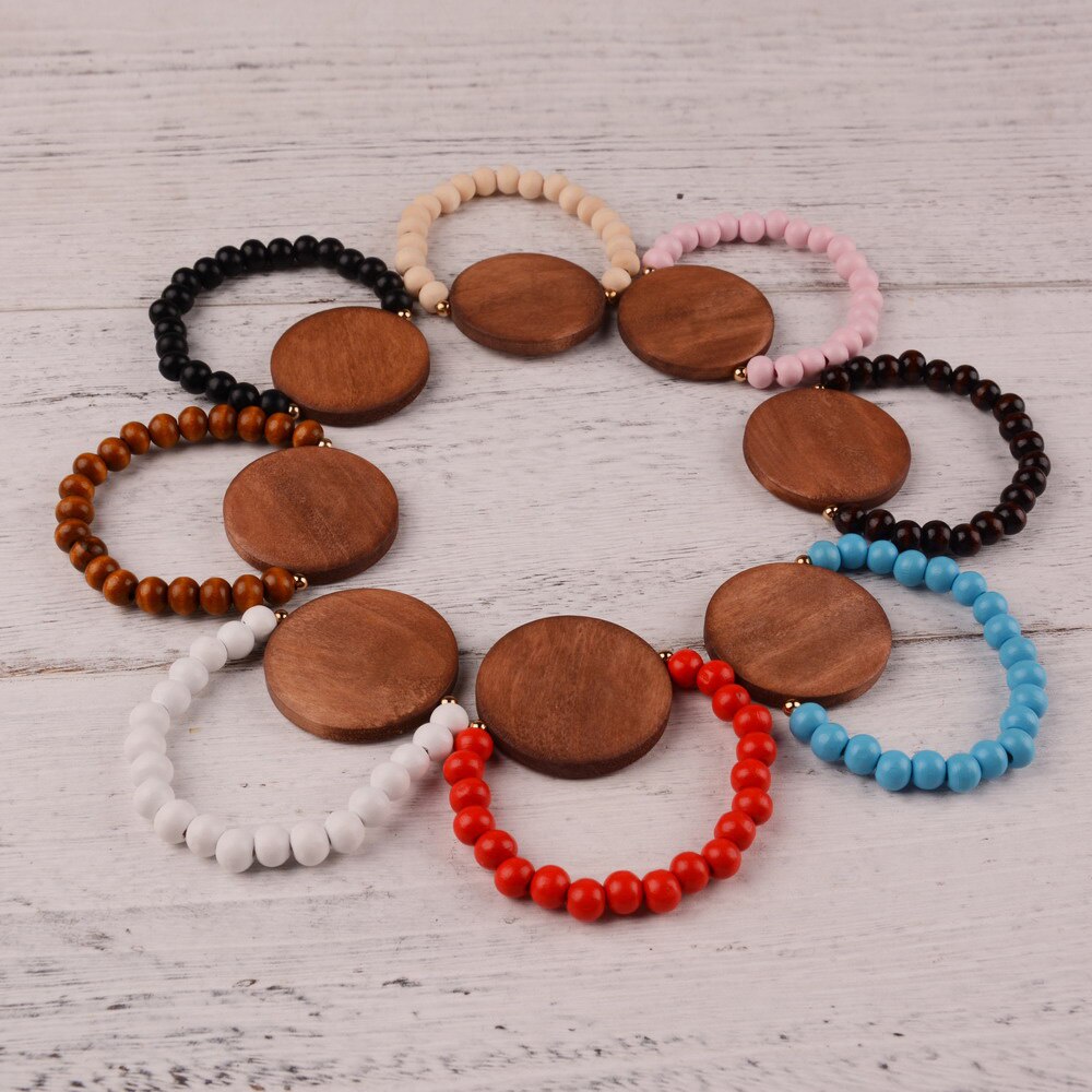 Bracelet de perles en bois blanc 8mm, , grand disque, monogramme, élasticité, bijoux pour femmes et hommes, 2022