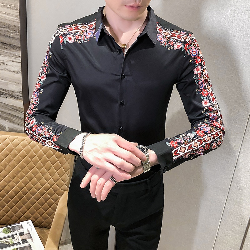 Skarva blomma skjorta tryck man camisa masculina vårmönster långärmad slim fit skjortor nattklubb chemise homme