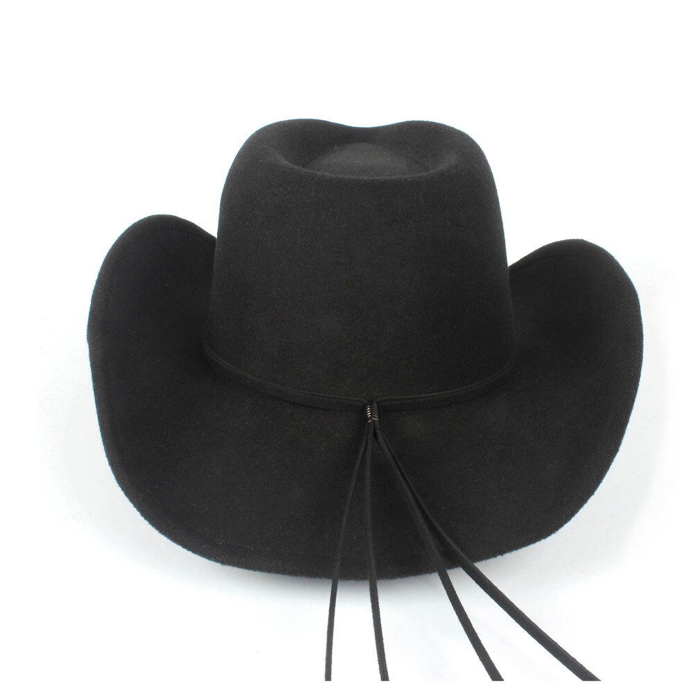 Wool Women Men Hollow Western Cowboy Hat Roll-up Brim Gentleman Outblack Sombrero Hombre Jazz Cap Wind Rope Size 56-58CM