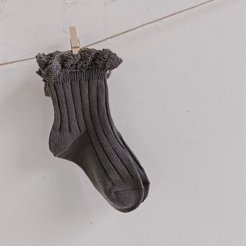 Chaussettes genoux pour filles en dentelle de coton, automne et hiver, pour enfants en bas âge, tendance, de couleur solide: Dark grey / L for 6 to 8T