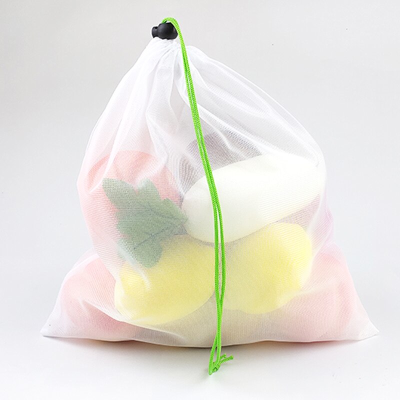 Gjenbrukbare grønnsaker frukt mesh produsere poser fargerike teip vaskbare miljøvennlige poser til oppbevaring av leker mangfoldig hjemmeutstyr