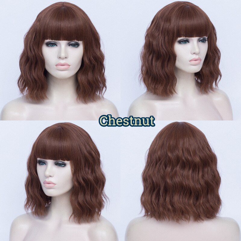MSIWIGS-Peluca de cabello ondulado corto con flequillo para mujer, peluca completa sintética barata, color negro, fibra resistente al calor, marrón, falsa: T27 / 30 / 4