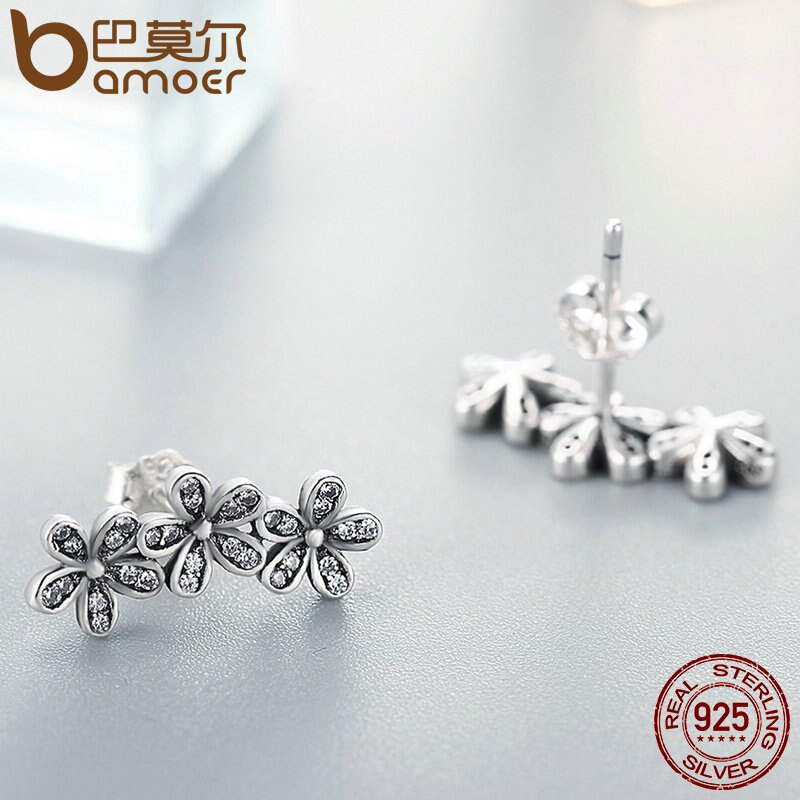 BAMOER Authentic 925 Sterling Silver Stackable Dazzling Daisies, Clear CZ Stud Earrings for Women Fine Jewelry Bijoux PAS506