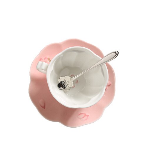 Japanese style cherry blossom ceramic embossed mugs coffee cup set tea cup and pot set afternoon tea ceramic cup and saucer: 2