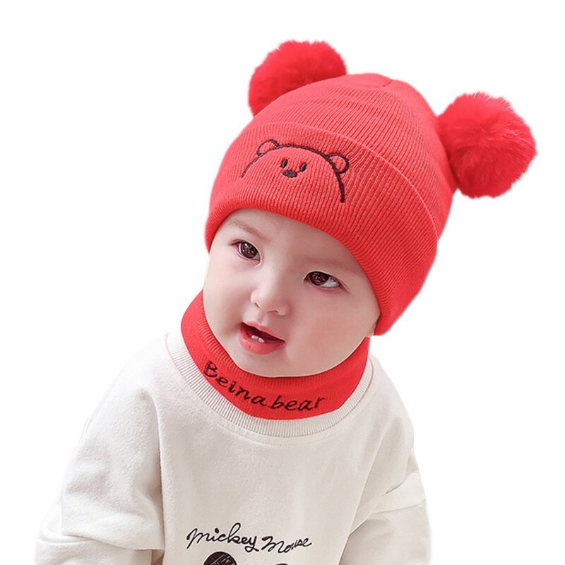 2Pcs Toddler Hat +Twitter Pompon Winter Children Hat Bonnet Enfant Knitted Cute Cap For Girls Boys 0-36 Months: 2PC red