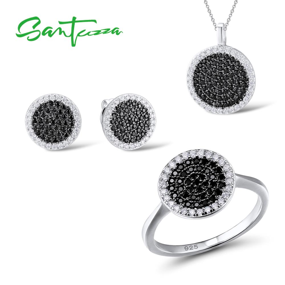 SANTUZZA Silber Schmuck einstellen Für Frauen Blau Schwarz CZ Runde Kreis Ring Ohrringe Anhänger einstellen 925 Sterling Silber Schmuck: Schwarz / 8,5