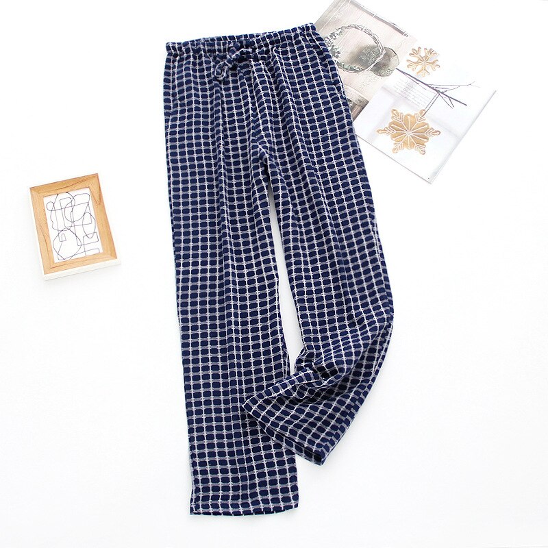 NHKDSASA Men's Cotton Gauze Trousers Plaid Sleep Pants Woman Pajamas Pants Bottoms Sleepwear Short for Couples Pijama Hombre: Mens Navy / XL