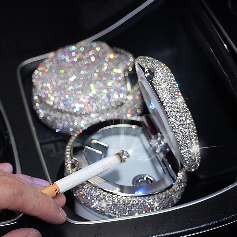 Bling Strass Draagbare Auto Asbak Met Led Licht Diamant Kristal Auto Asbak Opslag Bekerhouder Voor Vrouw Auto Accessoires