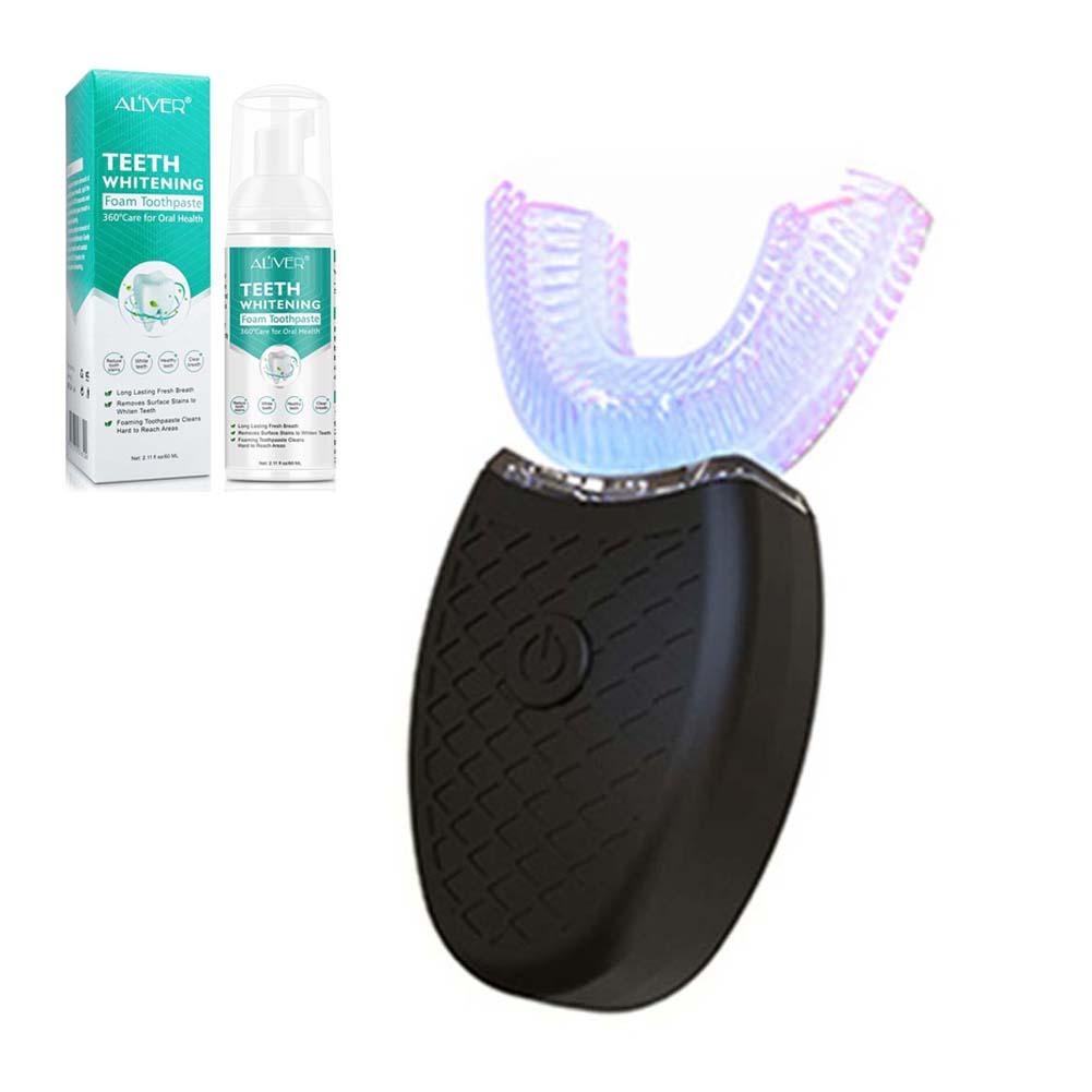 U-Shape Electric Toothbrush Set With Toothpaste USB Rechargeable 360 Degree Automatic Teeth Brush Whiten Teeth 4 Mode Waterproof: Black