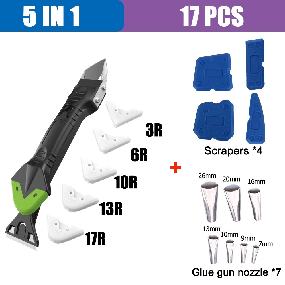 Kit de herramientas para calafateo de silicona 5 en 1 para eliminar calafateo, boquilla de sellado, espátula multifunción: 5 in 1 Scraper Set E