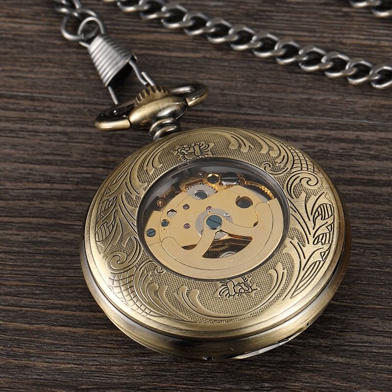 Retro Bronzen Versnelling Mechanische Pocket Horloges Mannen Ster Romeinse Cijfers Unieke Hollow Skeleton Steampunk Hand Fob Horloge Ketting