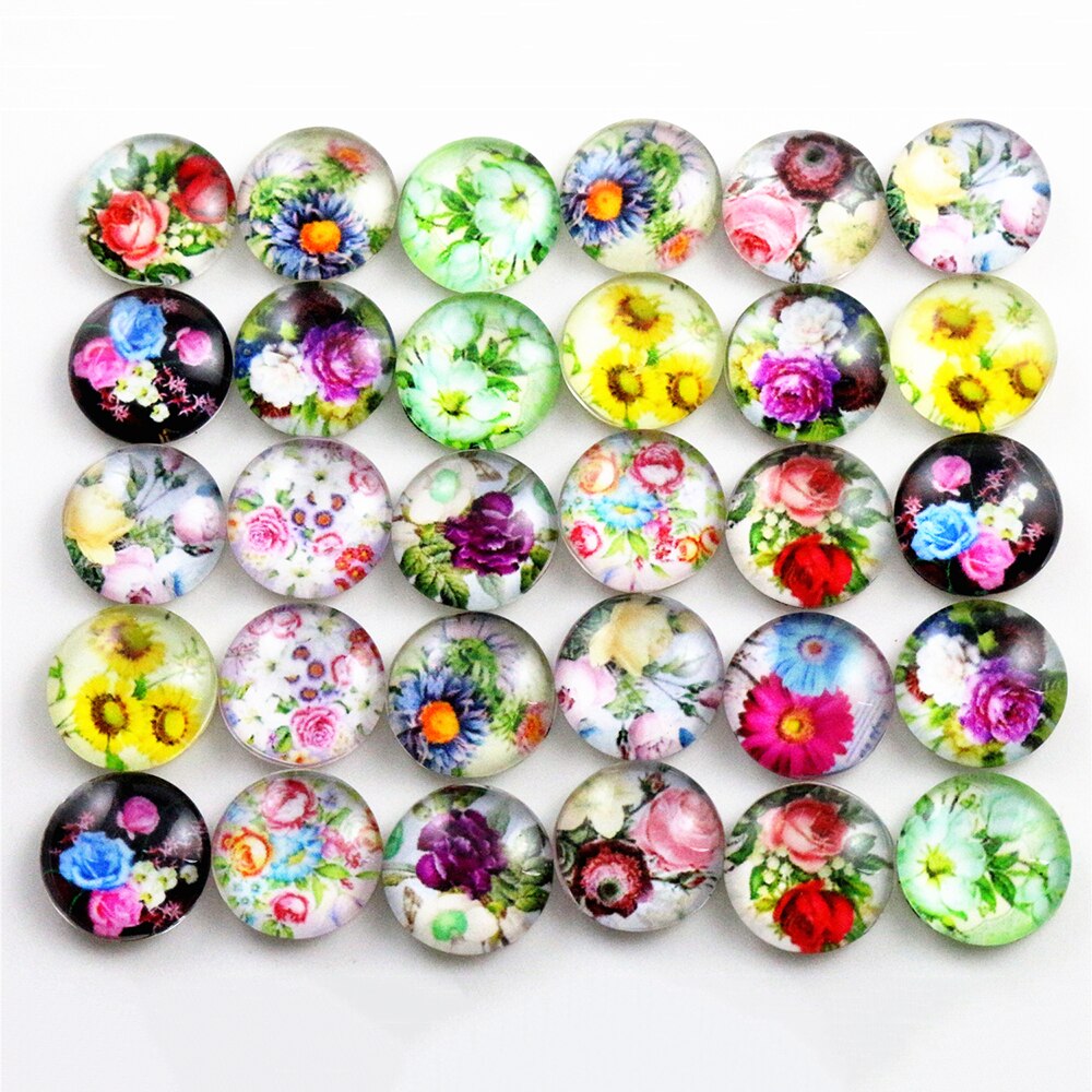 50pcs 12mm Mixed Flower Word Map Handmade Photo Glass Cabochons Pattern Domed Jewelry Accessories Supplie