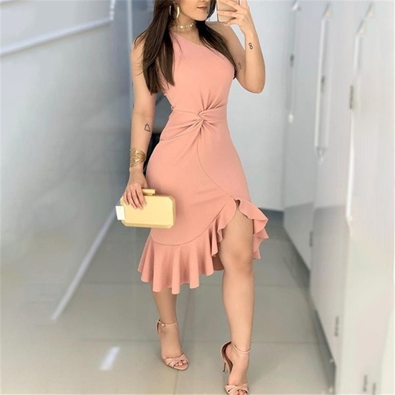 Vestido casual feminino, vestido de festa para mulheres, roupa de trabalho, casual, alça de um ombro, cintura, torcida, babados, vestido 2020