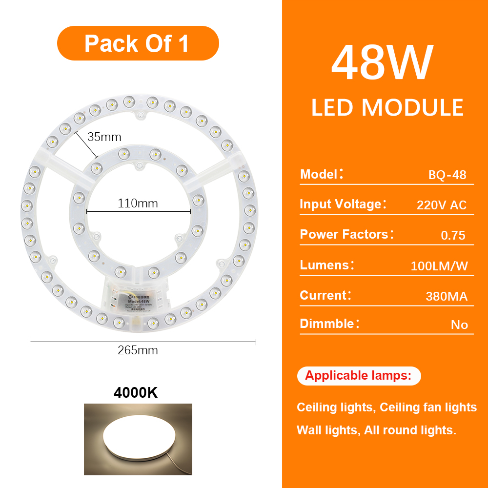 Panel Led de 220V, módulo Led de repuesto para luz de techo, tablero de Panel de luz circular redondo de 72W, módulo de 6000K/4000K para luces de ventilador de techo: Blanco