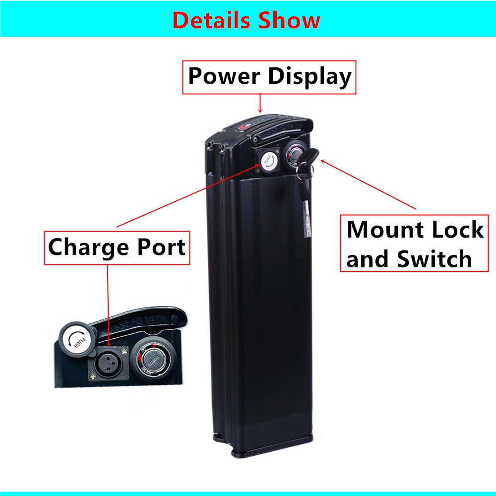 Bottom Plug Connector Silver Fish Ebike Battery Box with USB 24v 36v 48v 52v City Bike Folding Bike Fat Bike E-bike Battery Box