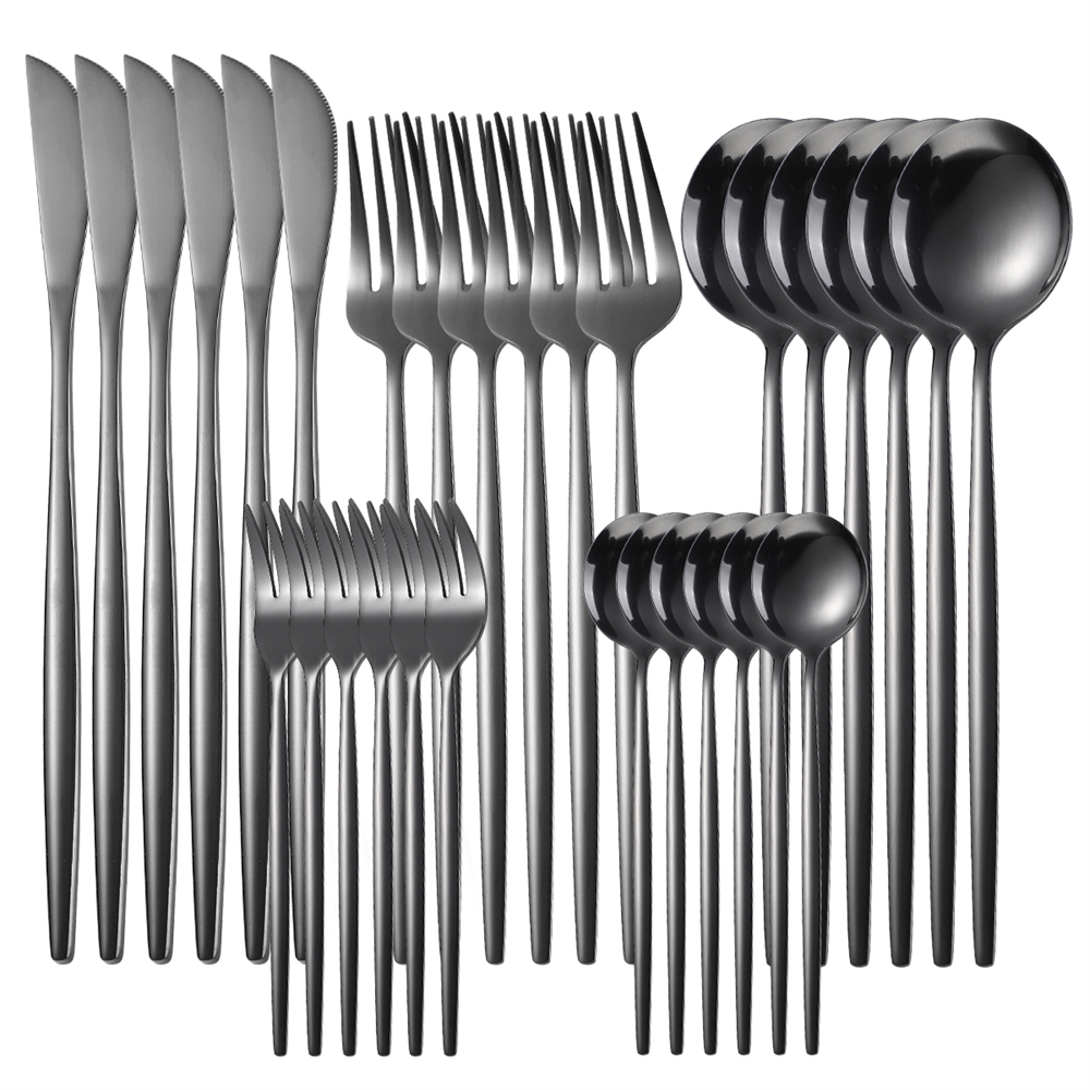 Couverts en acier inoxydable, 30 pièces, service de table en or, vaisselle en acier inoxydable, fourchette en or, cuillère couteau, service d'argenterie de luxe pour Banquet: 30Pcs Black