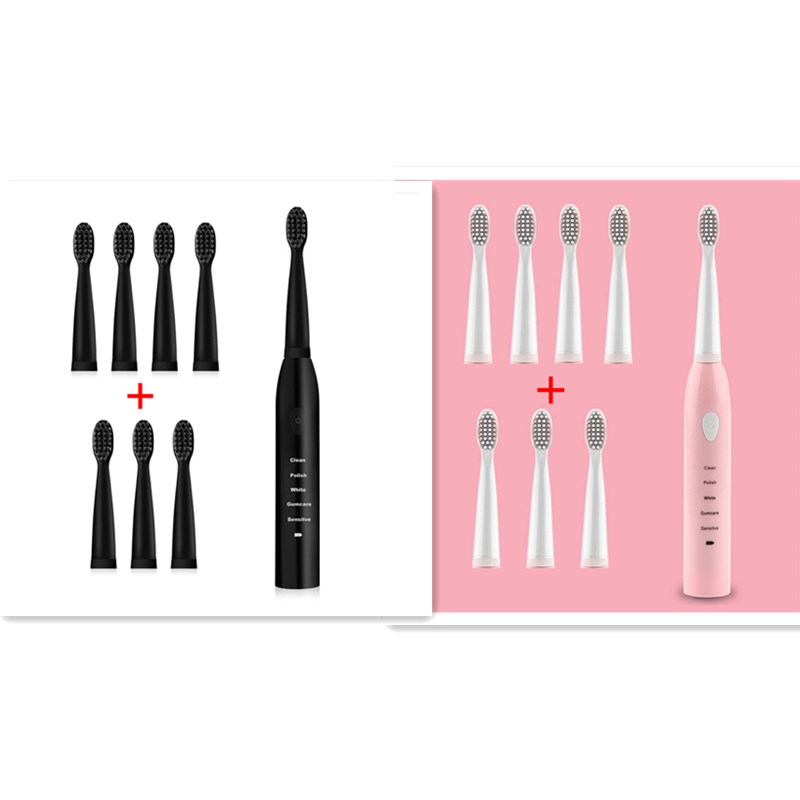 Ultra Schall- Schall- Elektrische Zahnbürste Wiederaufladbare Zahn Pinsel Waschbar Elektronische Bleichen Zähne Pinsel Erwachsene Timer Zahnbürste: Schwarz Rosa 16Kopf