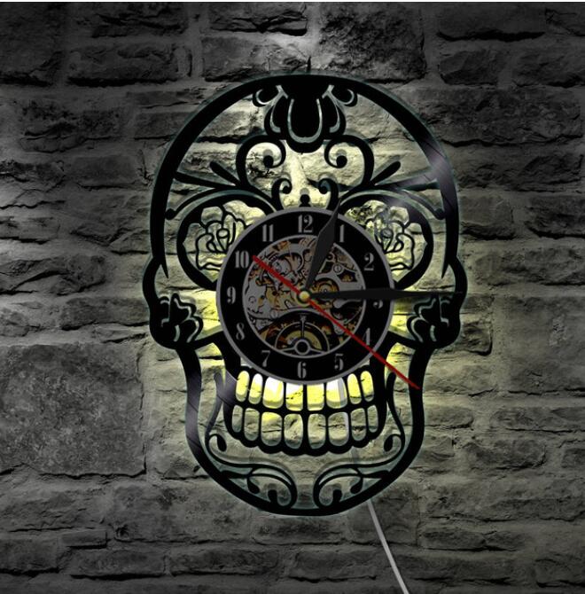1Piece The Day of Dead l Wall Clock With Led Lighting Gothic Sugar Skull Clock Home Decor reloj digital pared Clock kitchen: With Led