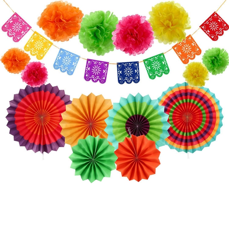 Decoração de festa mexicana, 15 peças corredor de mesa em papel ventilador pompom bola de feltro colorido guirlanda suprimentos de roupa