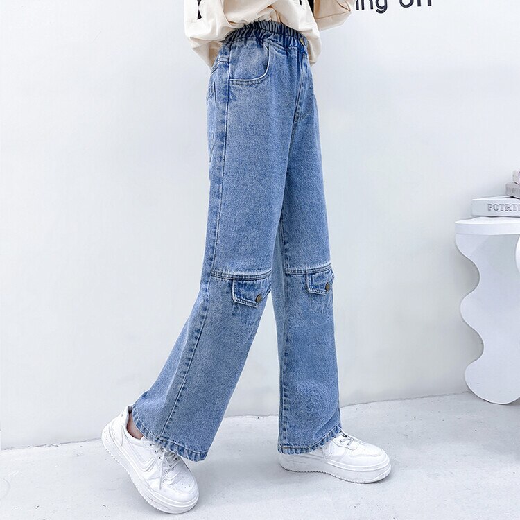 Pantalones vaqueros holgados de pierna ancha para Niña y Adolescente, ropa de Color sólido para niño de 5 a 14 años, novedad de 2022