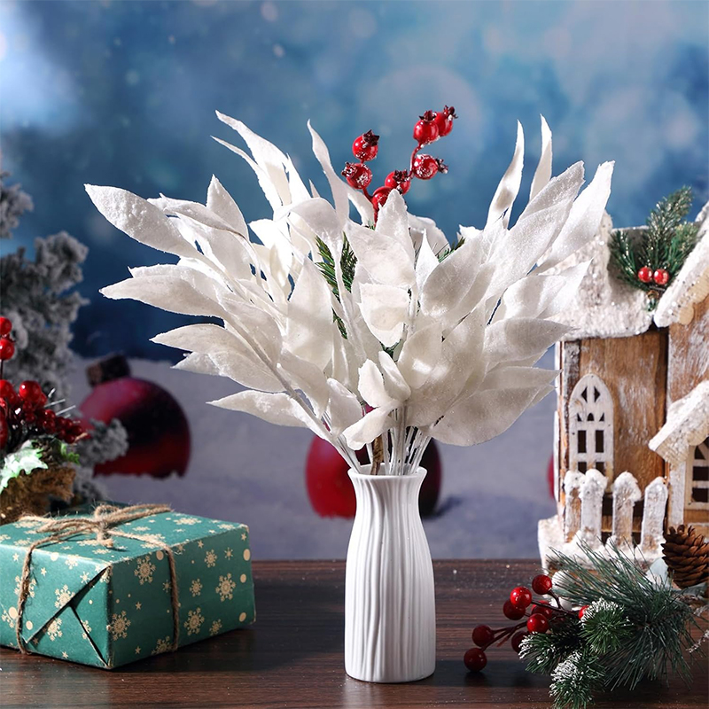 Weiße Weihnachts-Glitzerblätter, 34 cm, künstliche Weihnachtsbaumzweige für Weihnachtsbaum, Heimdekoration, DIY-Kranz, Basteln,