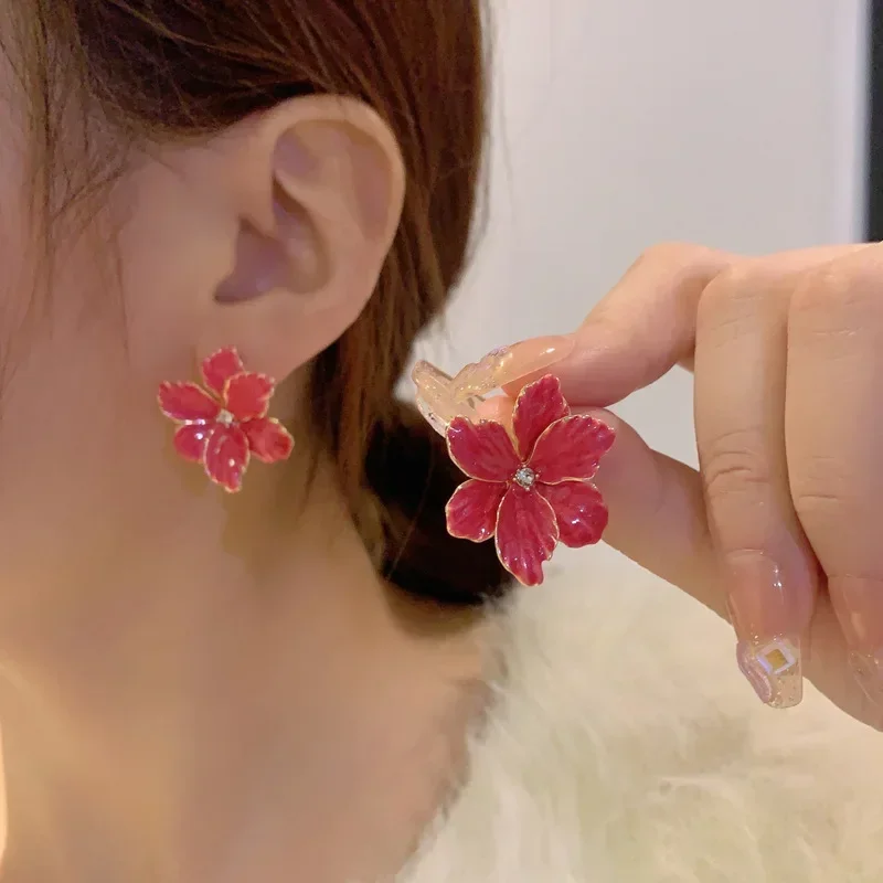 Pendientes de plata 925 con forma de flor roja para mujer y niña, Joyería Moderna con Popular, pendientes de tuerca grandes, de primavera y verano