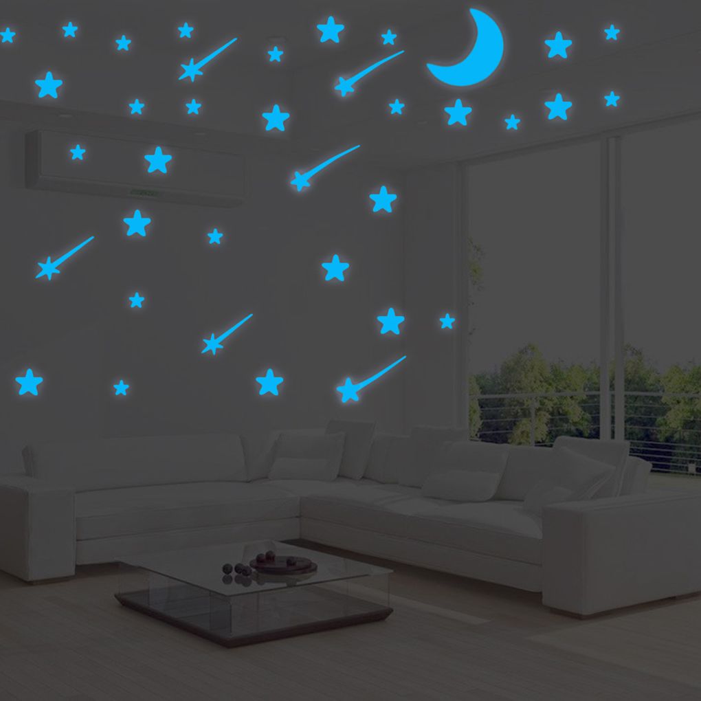 103Pcs Star &amp; Moon Energie Opslag Fluorescerende Blauw Lichtgevende Stickers Ster Decals Glow In The Dark Woonkamer Kinderen room Decor