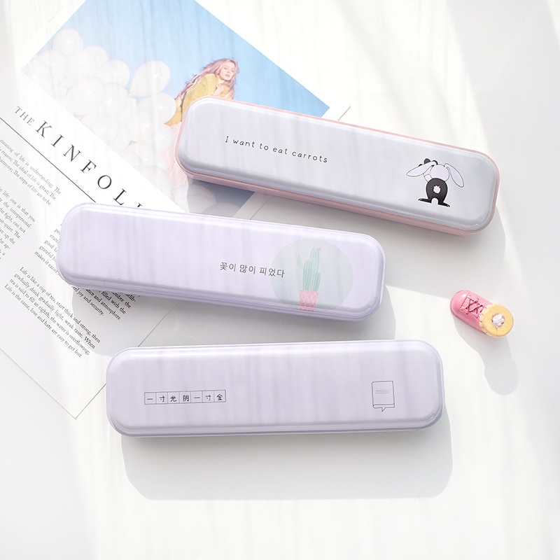 Simple Small Metal Pencil Case Stationery Iron Tinplate Tin Pencil Box Cartoon Pen Bag School Student Learning Stationery