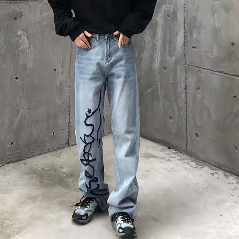 Harajuku – jean déchiré pour hommes et femmes, coupe trouée, lettre rétro, décontracté, poches délavées, droit, Baggy, pantalon en Denim, Streetwear