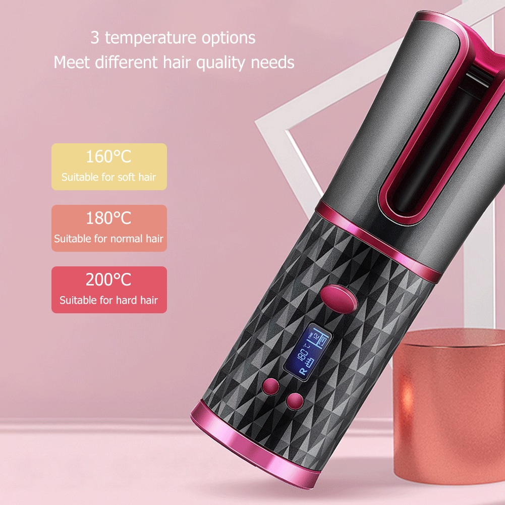 USB Rechargeable LED Display Curling Styler Cordless Auto Rotating Hair Curler Dryer Curly Salon DIY Hair Styling Tool