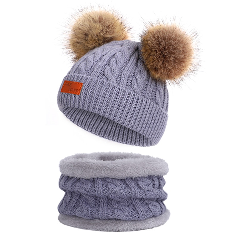 Los niños de invierno cálido sombrero Collar pompón guisantes sombrero de niño/Niña de punto sombrero de la bufanda de esquí cálido 2 conjunto de piezas gorro de cabeza: Gray