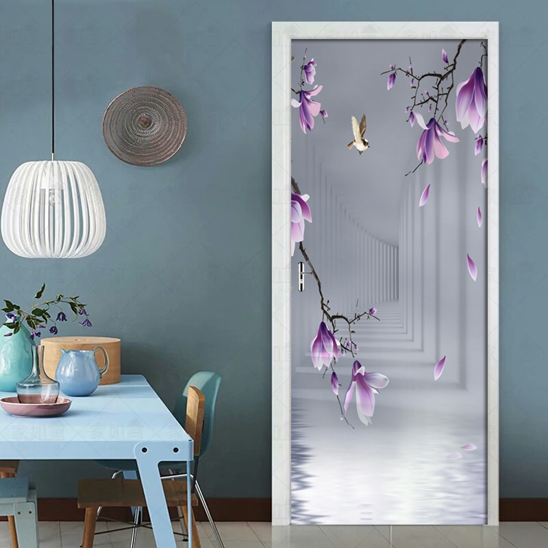 DIY Door Sticker Purple Flowers Space Photo Wallpaper PVC Self-adhesive Wall Decals Living Room Bedroom Door Home Decor Sticker