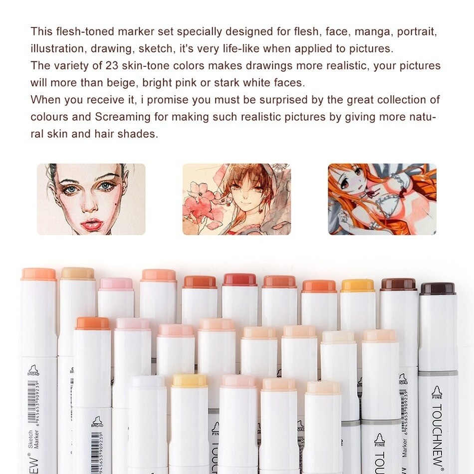 Touchten 12/24 farver tuschpenne blandbar hudfarve kunstmarkører børste markør til kunst manga tegning pen hudfarve pen