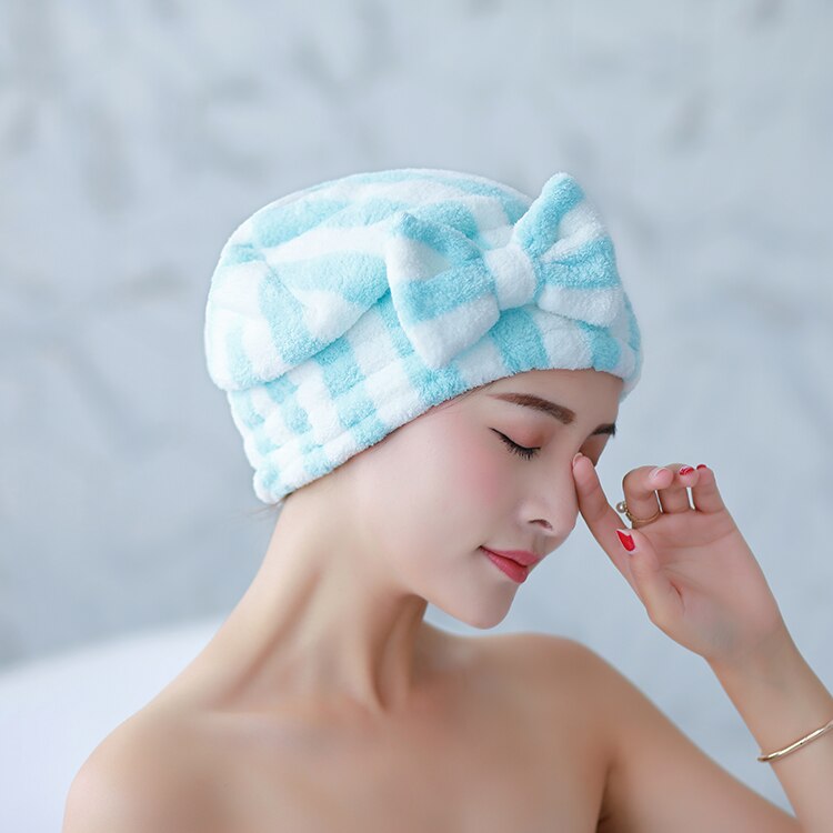 Girl's Hair Drying Hat Quick-dry Hair Towel Cap Hat Bath Hat Microfiber Solid Towel Cap Super Absorption Turban Hair Dry Cap: blue stripes
