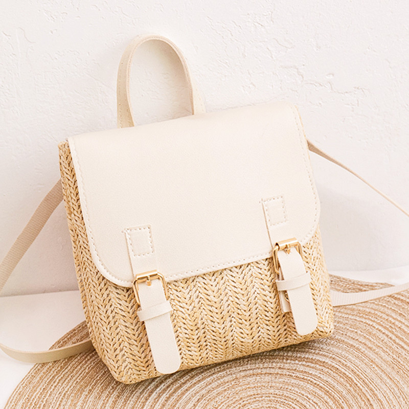 Vintage Straw Backpack Women's Shoulder Bag Versatile Straw Woven PU Leather Luxury Small Backpack: WHITE