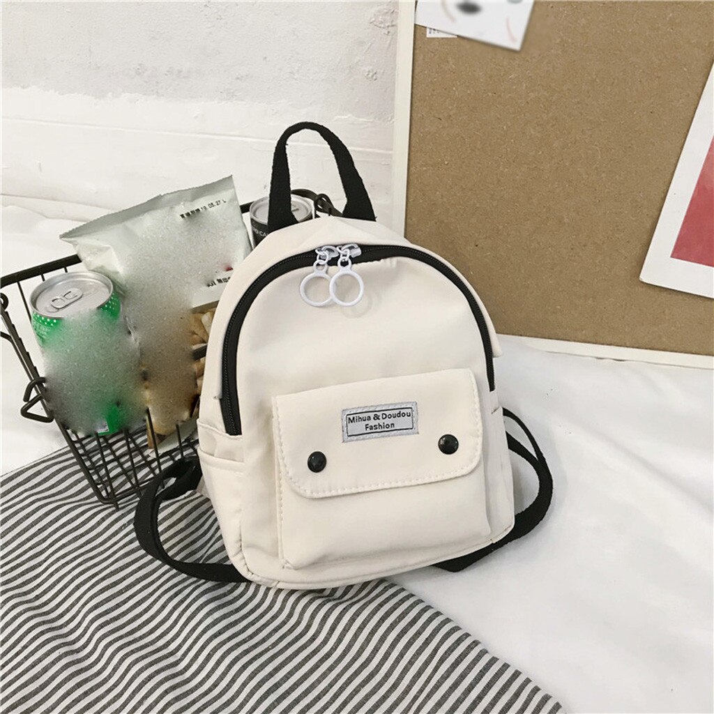 Teen Girl Bag Nylon Backpack Woman Zipper Beach Solid Trend Female Backpack Travel Large Capacity Mini Bag 730W: White