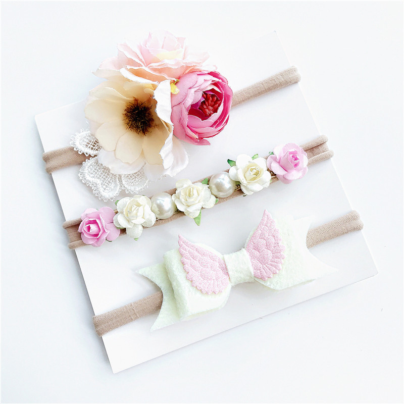 3 teile/satz Mix Stil Simulierte-perle Band Spitze Blume Stirnband Baby Mädchen Stirnbänder Elastische Haarband Kinder Haar Zubehör